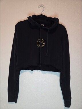 Cotton Heritage Black Cropped Hoodie with Yellow Smiley Face Embroidery, M